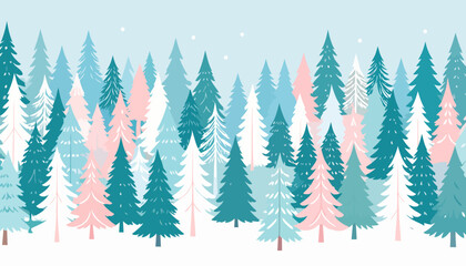 Obraz premium Whimsical winter forest illustration with stylized pine trees in pastel pink, teal, and blue.