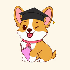 Educational Corgi Puppy Character with Cap and Book