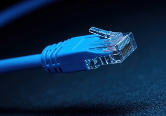 Close up of a blue ethernet cable connector with a dark background