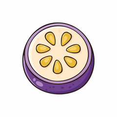 Cartoon style illustration of a sliced purple fruit with yellow seeds on white background