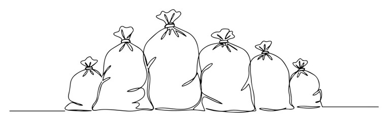 single continuous line drawing of a group of tied sacks or bags
