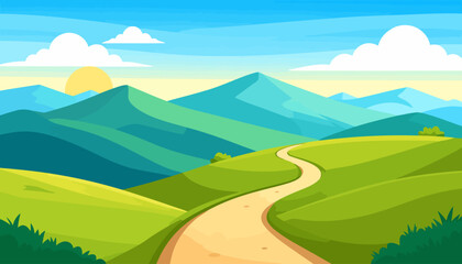 Stylized landscape with a winding path through green hills towards distant blue mountains under a sunny sky.