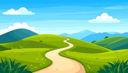 Obraz premium A winding dirt path through vibrant green hills and mountains in a stylized cartoon landscape.