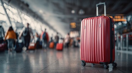 Red suitcase in airport terminal. Blurred figures of people and luggage in the background
