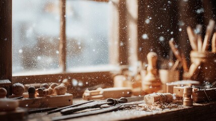 Traditional Santa factory filled with elves gifts lights and Christmas spirit