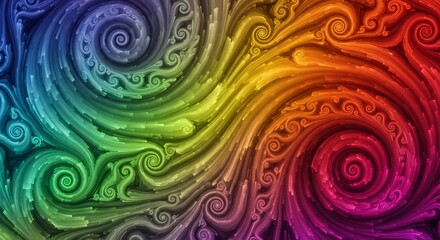 Vibrant rainbow colored swirling fractal patterns create a mesmerizing and dynamic abstract background.