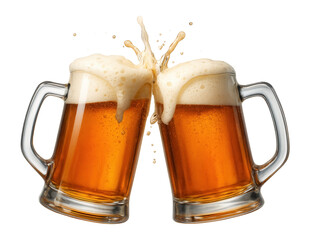 Two frothy beer mugs clinking with splashing liquid and bubbles on transparent background.