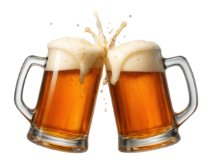 Two frothy beer mugs clinking with splashing liquid and bubbles on transparent background.