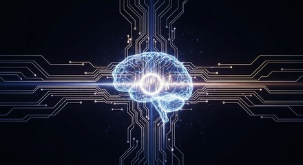 Artificial intelligence concept with a glowing human brain connected to electronic circuits, representing innovation, technology, and neural networks, ideal for tech-related visuals.