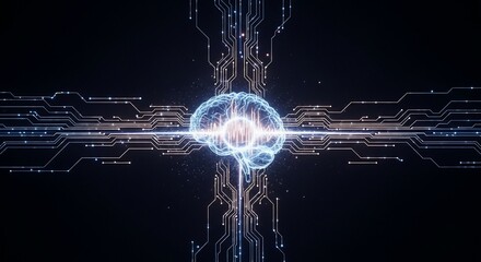 A glowing abstract digital brain at the center of complex circuit board pathways, symbolizing artificial intelligence, data processing, and advanced technological innovation.