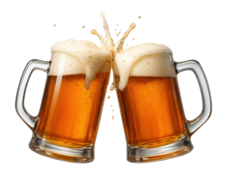 Two frothy beer mugs clinking with splashing liquid and bubbles on transparent background.