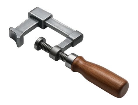 Metal clamp with wooden handle designed for tightening and securing objects in carpentry and construction projects on transparent background.