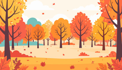 Vibrant autumn forest landscape illustration with colorful trees and falling leaves.