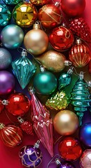 Collection of colorful Christmas ornaments with various textures and finishes. Vibrant holiday decoration for festive seasonal marketing and retail celebration campaigns