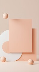 Minimalist composition with peach and white geometric shapes and spheres. Wedding invitation card mockup with copyspace