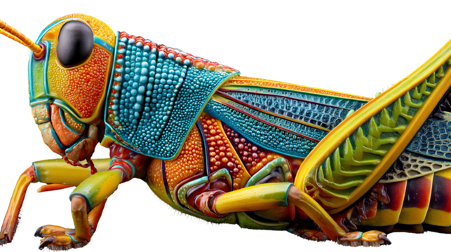 Colorful grasshopper macro: a close-up macro shot showcases the vibrant details of a brilliantly colored grasshopper, revealing intricate patterns and textures of the insect.