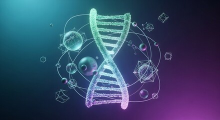 Vibrant glowing DNA helix with abstract molecular elements representing genetic research, biotechnology, and futuristic scientific innovation.