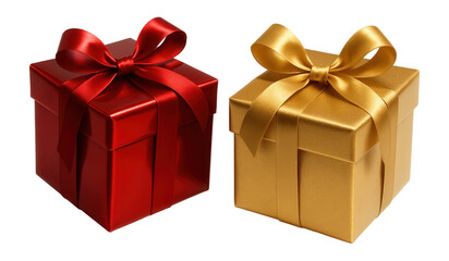 Obraz premium Two elegant gift boxes, one red with a red ribbon and the other gold with a gold ribbon, on transparent background.