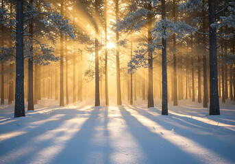 Snowy Pine Forest in Winter Light