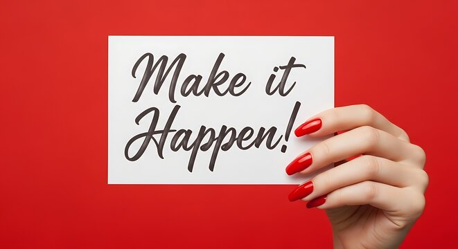 Stylish hand holding inspirational Make it Happen message against red backdrop