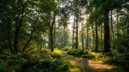 forest therapy, tranquil forest with soft sunlight through green foliage, perfect for serene nature therapy sessions ideal ambiance for relaxation