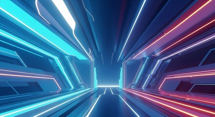Futuristic neon corridor with vibrant blue and red glowing lights, creating a modern, abstract, and technological background, perfect for digital design.