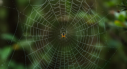 Obraz premium Spider web glistening with morning dew, a stunning natural pattern against green backdrop