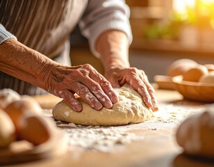 Hands of a baker kneading dough on a wooden countertop, surrounded by fresh eggs and flour, capturing the essence of homemade baking and culinary tradition