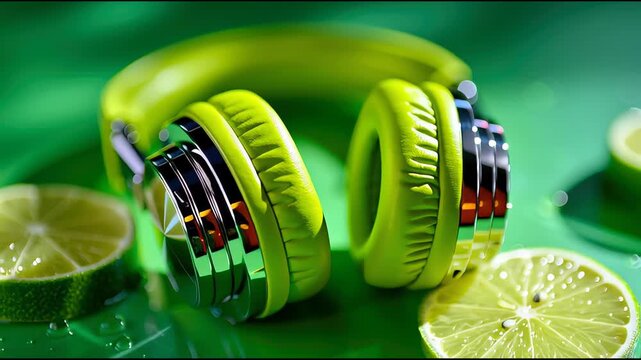 Fresh lime slices paired with stylish, vibrant green headphones, conveying a sense of freshness and dynamic energy
