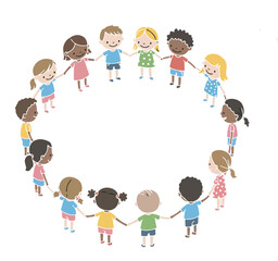 Happy multicultural kids forming a circle frame. Hand-drawn illustration symbolizing global unity and childhood friendship.