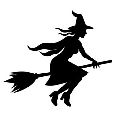 Black silhouette of a witch flying on a broomstick