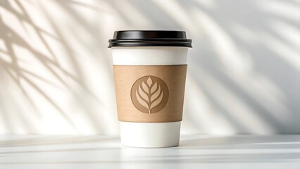 White paper coffee cup with brown sleeve and black lid image