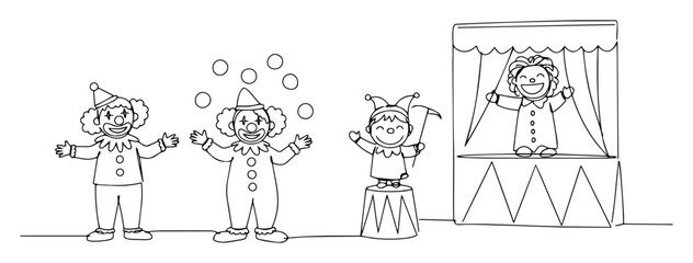 vector illustration of clowns and puppeteer entertainment outline