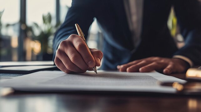 Man signing official document with golden pen at desk