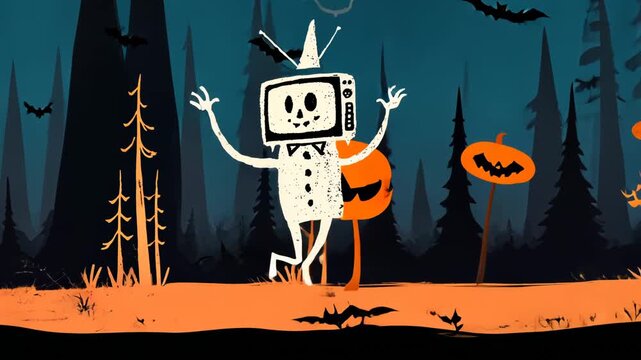 Funny Halloween Cartoon Illustration of a Spooky Skeleton Pumpkin Under the Moon