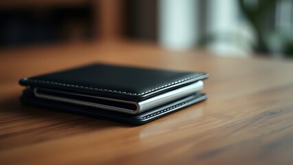 A sleek wallet lies on a wooden surface, highlighted by warm ambient lighting in a minimalist setting.
