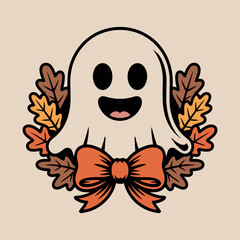 Happy Ghost with Autumn Leaves and Bow Cartoon Illustration