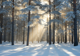 Snowy Pine Forest in Winter Light