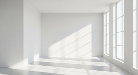 Fototapeta premium Bright and spacious white room illuminated by natural sunlight streaming through large windows, creating a sense of serenity and modern simplicity, ideal for design concepts.