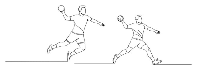 single one line drawing of handball players in action vector illustration set