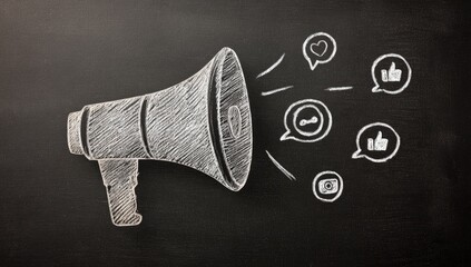 Chalk drawing of a megaphone with social media icons radiating outwards on a dark chalkboard