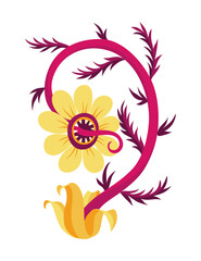 Carnivorous plant in fantasy design. Cartoon flytrap in pot, plant monster. Vector flower predator with teeth isolated on white background