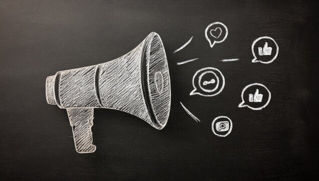 Chalk drawing of a megaphone with social media icons radiating outwards on a dark chalkboard