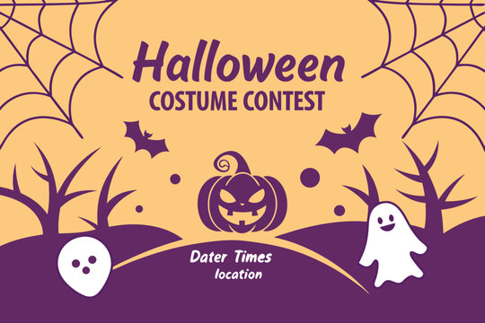 Halloween costume contest invitation with pumpkin, bats, ghosts, spiderwebs, and bare trees illustration