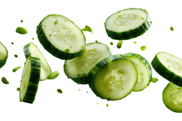 Fresh cucumber slices in mid-air,  isolated on black