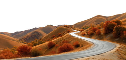 Serpentine asphalt road curving through golden autumn mountain landscape with colorful foliage isolated on transparent background
