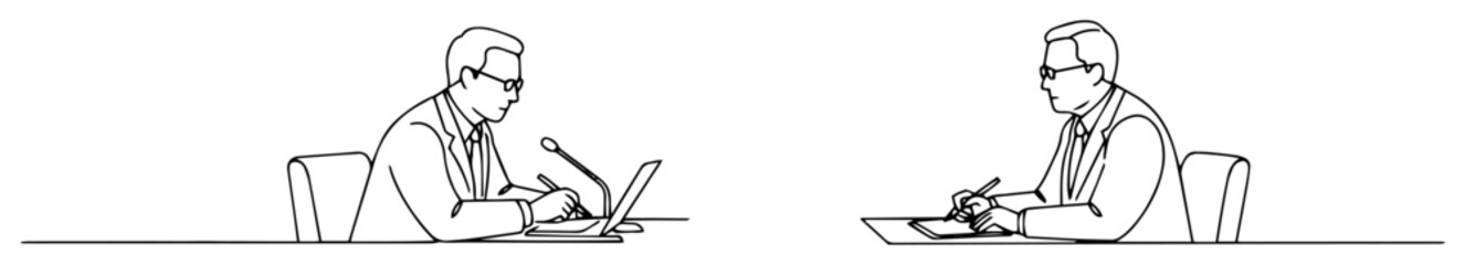 businessman writing at desk office work continuous line vector monoline outline lineart