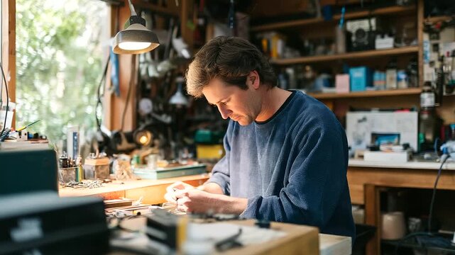 A craftsman skillfully works amidst the organized chaos of a tinker's garage.