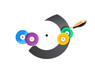 Creative designing surreal style with frying pan and vinyl records on black Creative process of music creation. Contemporary artwork. Concept of surrealism, pop art, creativity, imagination 
