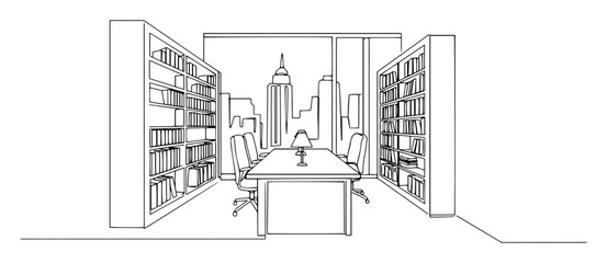 continuous one line drawing of a lawyer office library with city view vector lineart © Wieslaw